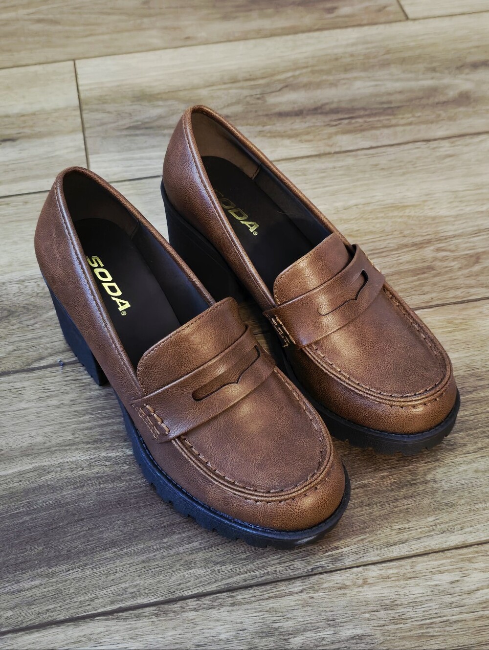 Soda Brown Heeled Penny Loafers - Picture 2 of 5
